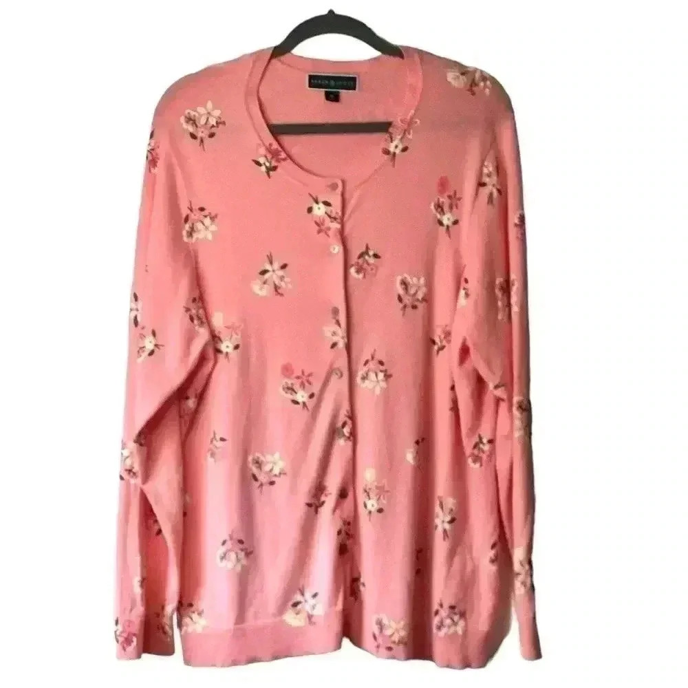Karen Scott Floral-Print Pink Cotton& Viscose Blend Cardigan Size 1X